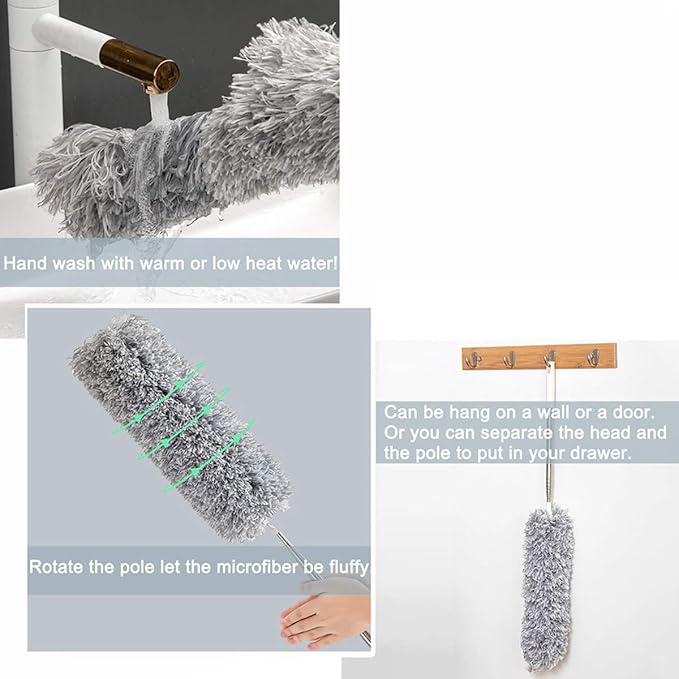 Microfiber Feather Duster with Extendable Pole, 30-100 inches Extra Long Cobweb Duster for Cleaning, Bendable Head, Non-Scratch, Washable Duster for Ceiling, Fan, Furniture Gray
