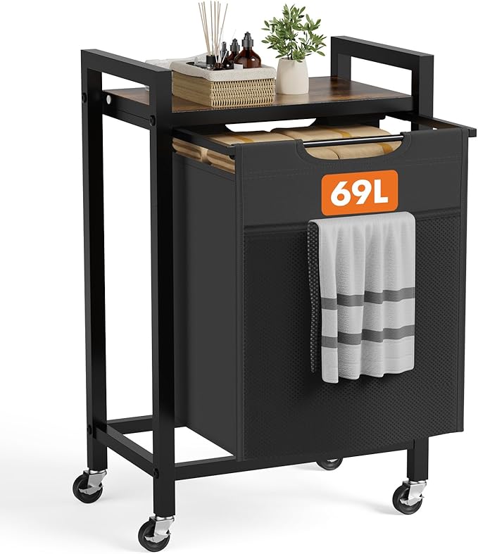 Laundry Sorter, 18.3Gal (69L) Capacity Rolling Laundry Basket with Pull-Out Removable Bags & Movable Wheels,Clothes Separator Hamper Cart for Laundry Room, Bathroom and Bedroom Organizer