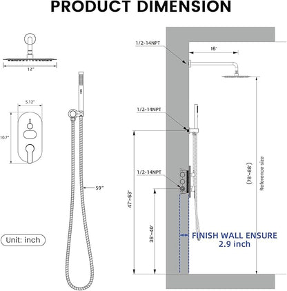 Round Shower Faucet Set with Hydro Power Temperature Display, Shower System Bathroom 12 Inch Shower Head with Handheld Spray, Wall Mounted Shower Fixtures with Shower Valve and Trim Kit, Matte Black