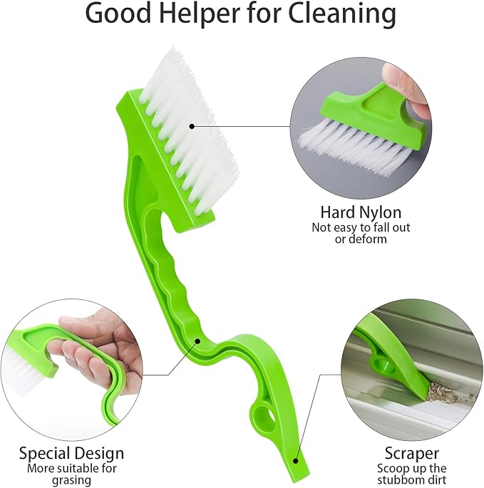 Asltw Swan Neck Cleaning Brush Set, 3 Angled Handle Scrub Brushes + 1 Crevice Brush for Window Tracks, Grout, Corners and Tight Spaces, Firm Bristles for Deep Cleaning in Kitchen and Bathroom