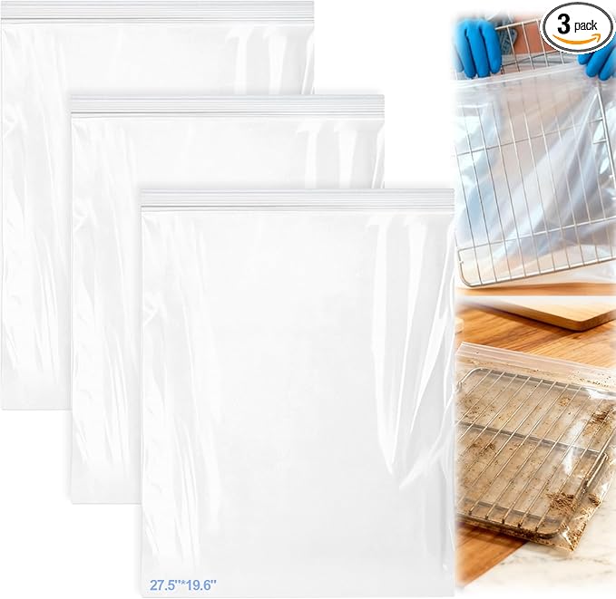 Palksky Oven Rack Cleaning Bags, 27.5''*19.6'' Heavy Duty No Scrub Oven Rack Cleaning Bags, Reusable Leak-Resistant PE Bags for Deep Soaking Grill Grates, BBQ Racks, No Cleaner Included, 3 Pack
