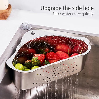 Triangle Sink Drainer Basket, Stainless Steel Triangular Sink Drain Shelf, Suction Cup Triangular Filter Drain Basket Kitchen Sinks Corner for Filter Food Waste and Washing Fruit(COLOR:silver)