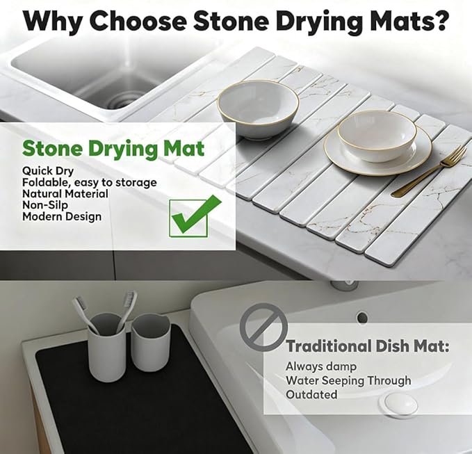 Stone Drying Mat for Kitchen Counter, Quick Diatomaceous Earth Mats for Dishes, 24" x 16" W Super Absorbent Fast-Drying Collapsible Countertop Stone Mat (Marble Gold White, Extra Large)