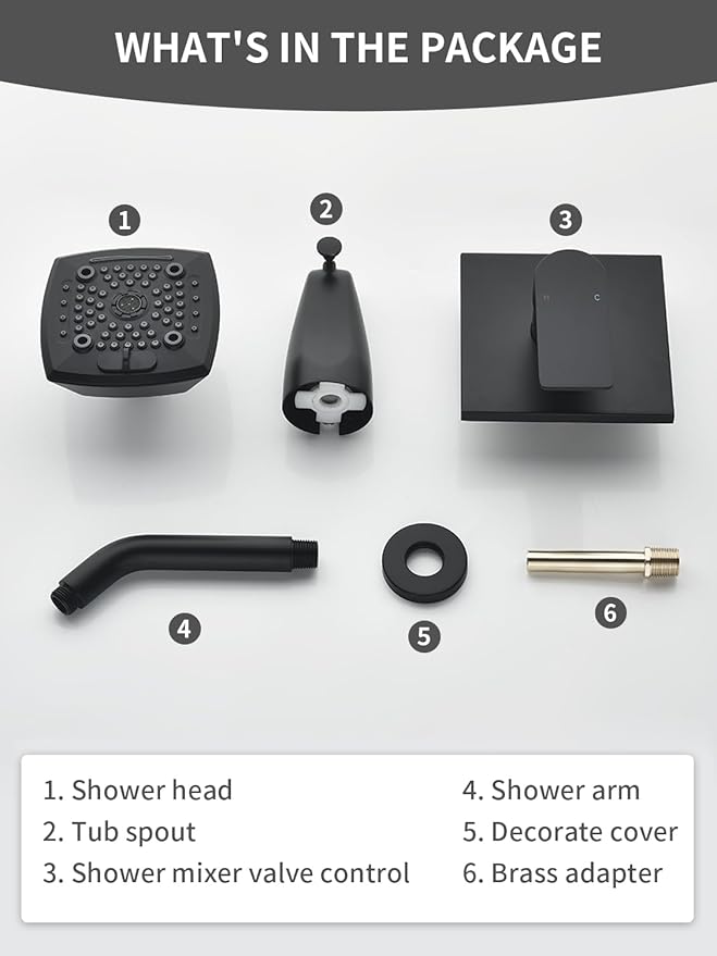 Black Shower Head and Handle Set 5 Inch Bathtub Faucet Shower Faucet with 6-Spray Shower Head Shower Valve Kit Modern Shower Set High-Pressure Shower Trim Kit