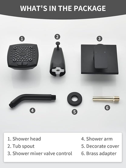 Black Shower Head and Handle Set 5 Inch Bathtub Faucet Shower Faucet with 6-Spray Shower Head Shower Valve Kit Modern Shower Set High-Pressure Shower Trim Kit