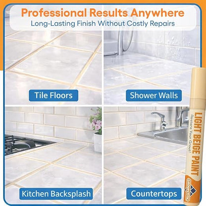 Grout Paint Pen Light Beige — Grout Colorant & Sealer Marker, Restores & Repairs Grout Lines, Quick-Dry, Bathroom Kitchen Shower Floor Tiles | Groutastic