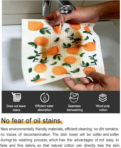 Swedish Dishcloth Reusable Kitchen Dish Towels Absorben and Fast Dry Cleaning Cloths Set of 4 No Odor Wipes (Orange)