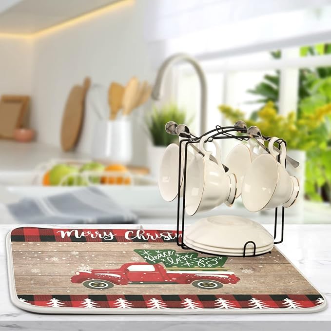 Christmas Dish Drying Mat 18 x 24 Inch with Hanging Loop High Absorbent Reversible Microfiber Red Truck Buffalo Check Plaid Dish Mat Dish Drying Pad Dish Rack Pad Drainer Mat Counter Mat