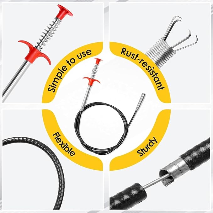 118" Flexible Grabber Claw Pick Up Reacher Tool, Drain Snake Hair Drain Clog Remover Tool with 4 Claws Bendable Hose for Litter Pick, Home and Kitchen Sink, Drains, Toilet