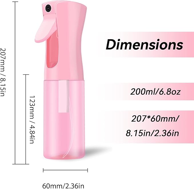 Continuous Mist Spray Bottle for Hair, Face & Plants (6.8oz/200ml) - Ultra Fine Travel-Size Water Mister for Salons, Cleaning, Pets & Skincare Leakproof Design