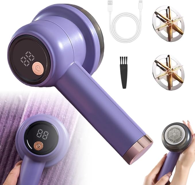 Rechargeable Fabric Shaver Fuzz Remover, 2025 New Electric Lint Remover Shaver, 3 Modes Lint Remover for Clothes, Digital LED Display to Remove Pilling for Clothes Furniture Couch (Purple)