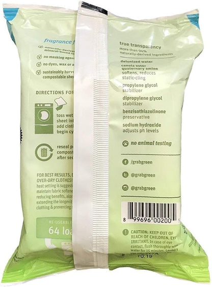 Grab Green Natural Wet Dryer Sheets, Unscented/Free & Clear, Fabric Softener & Static-Reducer, 64 Loads, Reusable & Compostable, Fragrance Free