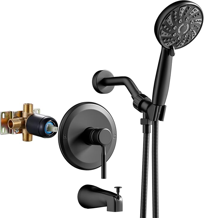 Tub Shower Faucet Set,Shower Systerm with Valve and Tub Spout,ABS Single Shower Head and Handle Set Shower Trim Kit for Bathroom,Matte Black,6-Modes Spray