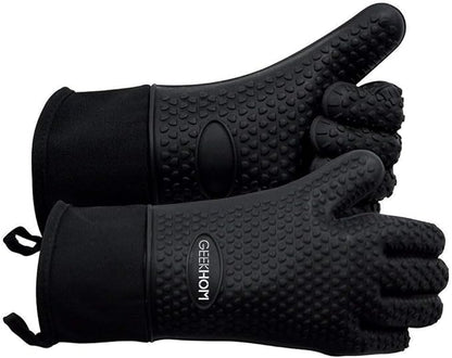 GEEKHOM BBQ Gloves Heat Resistant, 13.7 Inch Long Waterproof Silicone Oven Mitts for Grilling and Smoker, Non-Slip 5 Finger Kitchen Hot Mitts for Baking, Cooking & Cast Iron, Black