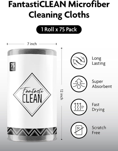 Fantasticlean Microfiber Cleaning Cloth Roll -75 Pack, Tear Away Microfiber Towels, 12" x 12", Reusable, Washable, Scratch Free, Ultra Absorbent for All-Around Cleaning Supplies (DimGray)