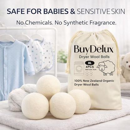 Wool Dryer Balls 4 Pack XL 7cm, 100% New Zealand Wool, Reusable 1000+ Loads, Natural Fabric Softener Alternative, Reduces Static & Wrinkles.