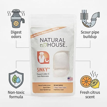 Natural House Sinky - Probiotic Garbage Disposal & Drain Cleaner Pods - Breaks Down Grease - Citrus Scent - Septic Safe - 4 Pack