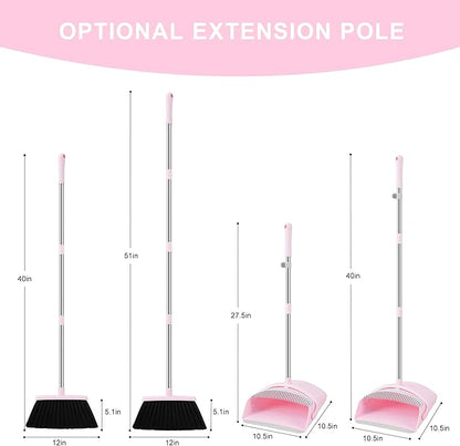 Broom and Dustpan Set, Broom Dustpan Combo Set for Home Commercial Cleaning Supplies Angle Broom with Long Handle Perfect for Courtyard Garage Street (Small-Pink)