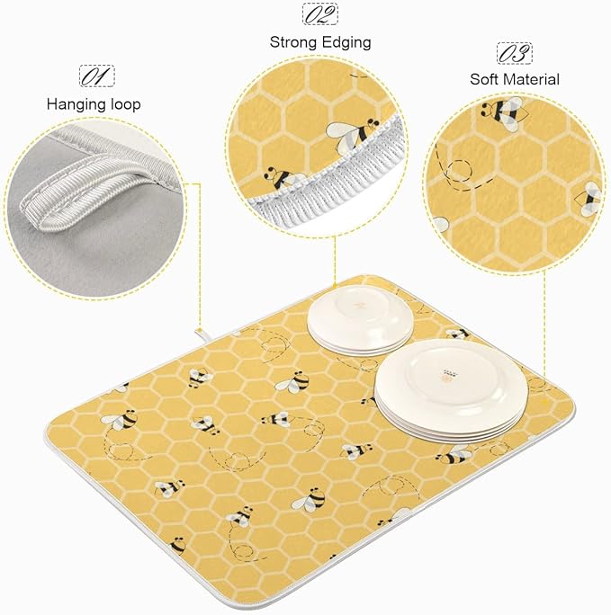 Funny Bees Honey Dish Drying Mat 16x18 for Kitchen Counter Yellow Bumblebee Beehive Dishes Pad Absorbent Fast Dry Dish Draining Mats Medium Kitchen Accessories