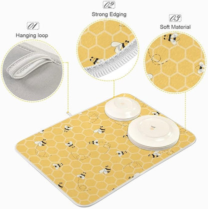 Funny Bees Honey Dish Drying Mat 16x18 for Kitchen Counter Yellow Bumblebee Beehive Dishes Pad Absorbent Fast Dry Dish Draining Mats Medium Kitchen Accessories
