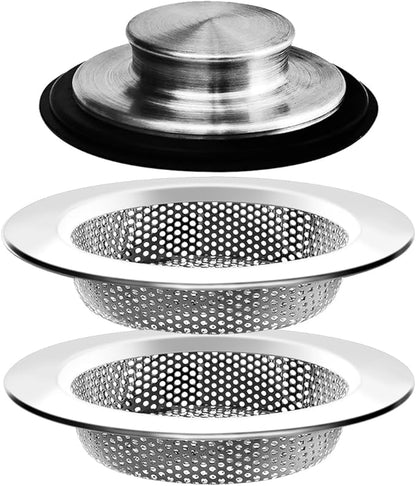 3PCS - Windran Kitchen Sink Drain Strainer and Sink Drain Stopper Set, Upgraded Double-Layer Safe Design for Most Kitchen Sink Drain Basket (4.5 Inch)