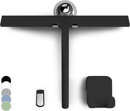 GÜTEWERK Silicone Shower Squeegee for Glass Doors & Mirrors with Stainless Steel Core, Streak-Free & No-Squeak Window Cleaning, 3-in-1 No-Drill Mount (Hook/Suction/Adhesive),Black, 13 Inches