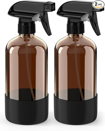 Bontip Glass Spray Bottle with Silicone Sleeve Protection, Amber Glass Spray Bottle Set for Window Cleaner Aromatherapy Facial Hydration Watering Flowers Hair Care 2 Pack/16 oz (Black)
