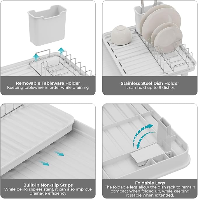 Collapsible dish drying rack,stainless steel foldable dish rack with cutlery holder,multifunctional expandable big capacity dish drainer board,Space Saving extendable dish holder