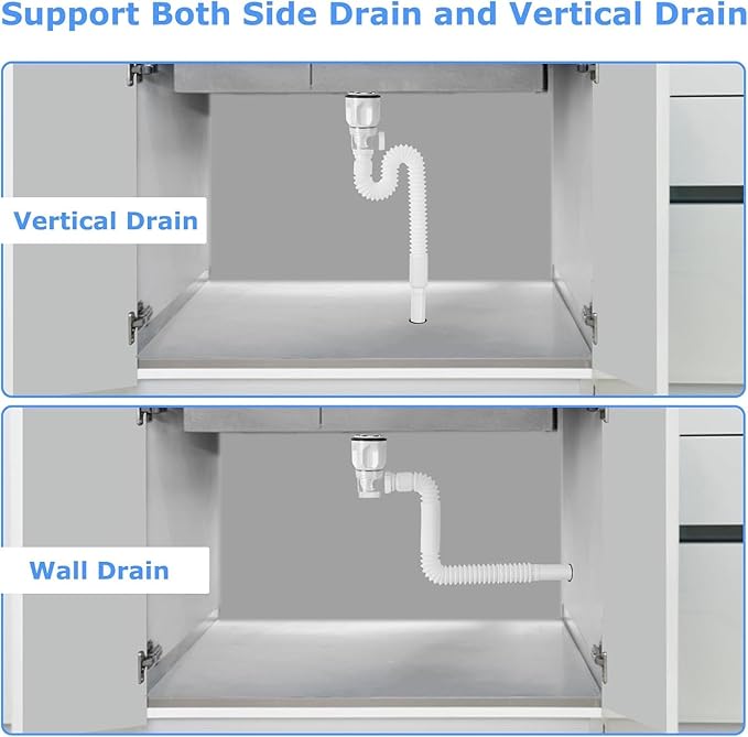 Bathroom Sink Drain Kit, Flexible P-Trap Sink Drain Pipe with Pop Up Stopper, Bathroom Sink Pipe Replacement Kit for 1-1/4'' & 1-1/2'' Holes, Anti-Clogging Stopper (White)