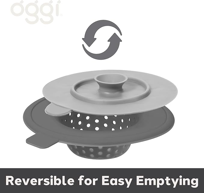 OGGI Silicone Sink Strainer & Stopper Set- Great Kitchen Sink Strainer, Silicone Drain Stopper, Sink Drain Strainer, Sink Plug 4.6˝ Diameter Rim, Gray
