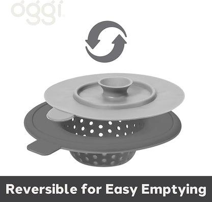 OGGI Silicone Sink Strainer & Stopper Set- Great Kitchen Sink Strainer, Silicone Drain Stopper, Sink Drain Strainer, Sink Plug 4.6˝ Diameter Rim, Gray