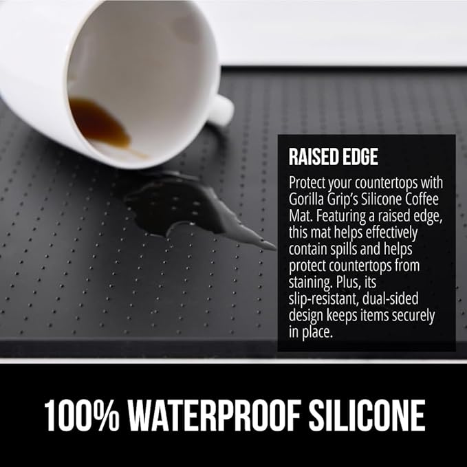 GORILLA GRIP Silicone Coffee Mat, 15x23, Espresso Machine Bar Accessories, Keep Kitchen Counters Clean, Stays in Place, Waterproof and Heat Resistant Dish Drying Mats, Home Decor Essentials, Black