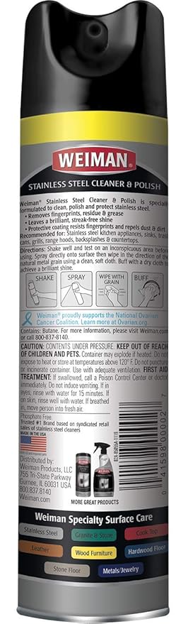 Weiman Stainless Steel Cleaner and Polish Spray, Fights Fingerprints, Leaves No Streaks, 12 Oz