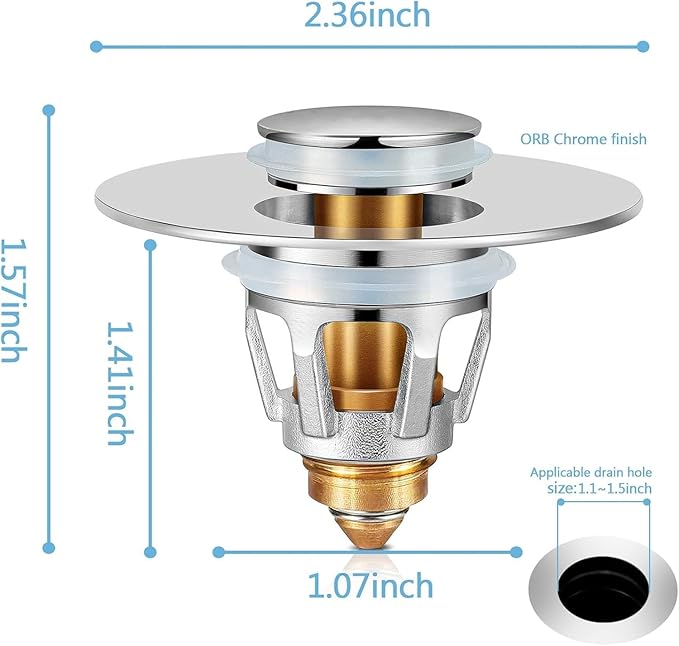 Bathroom Sink Stopper with Hair Catcher –for 1.1-1.5 Inch Bullet Core Push Type Basin Pop Up Drain Filter, Anti-Clog Basin Stopper,No Overflow with Basket Hair Catcher Silver