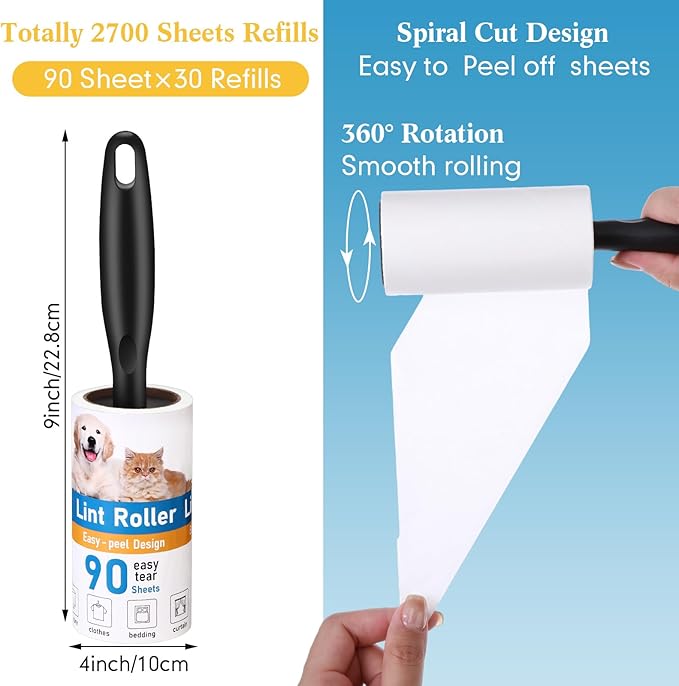 2700 Sheets Lint Rollers for Pet Hair Extra Sticky Portable Lint Remover Brush Roller with 10 Handles 30 Refills Pet Hair Remover for Couch, Clothes Furniture and Carpet Dog Cat