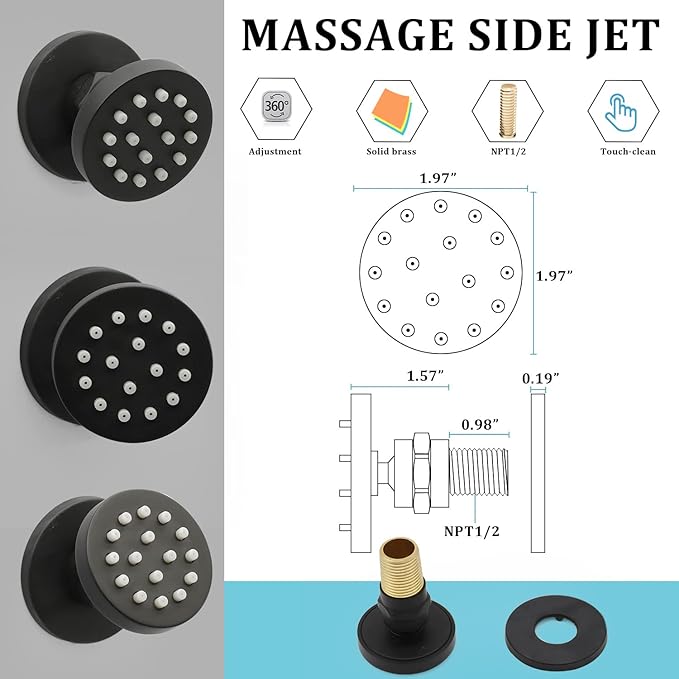 HOMEDEC 2inch Round Brass Showerhead Shower Jet Massage Spa Body Sprays Wall Mount, 4pcs, Matte Balck