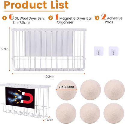 Magnetic Dryer Ball Holder Plus 6 XL Wool Dryer Balls from New Zealand Wool – Laundry Dryer Balls Organizer & Storage, Magnetic Basket for Dryer Balls, Space-Saving & Easy Tool-Free Installation