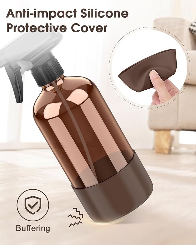 Bontip Glass Spray Bottle with Silicone Sleeve Protection, Amber Glass Spray Bottle Set for Window Cleaner Aromatherapy Facial Hydration Watering Flowers Hair Care 2 Pack/16 oz (Black & Brown)