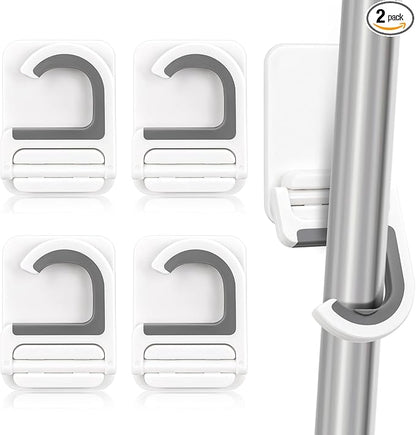 4 Pcs White Broom and Mop Holder Wall Mount Self-Adhesive Anti-Slip Gripper Cleaning Organizer Mop Handle Hanger Multi-Purpose Hook for Household, Home, Kitchen,Bathroom, Garden, Garage Storage