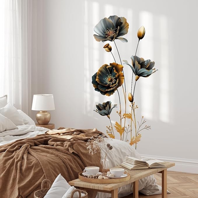 3D Wall Stickers Black Gold Floral Wall Art Decal Decor for Bedroom Living Room Offices Home Decoration
