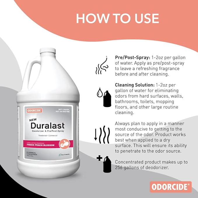 Odorcide Duralast Peach Blossom Odor Eliminator Concentrate - Odor Eliminator for Strong Odor on Carpet, Floors - Smoke, Sweat, & Pet Odor Eliminator for Home with Non-Enzymatic Formula (1 Gal)