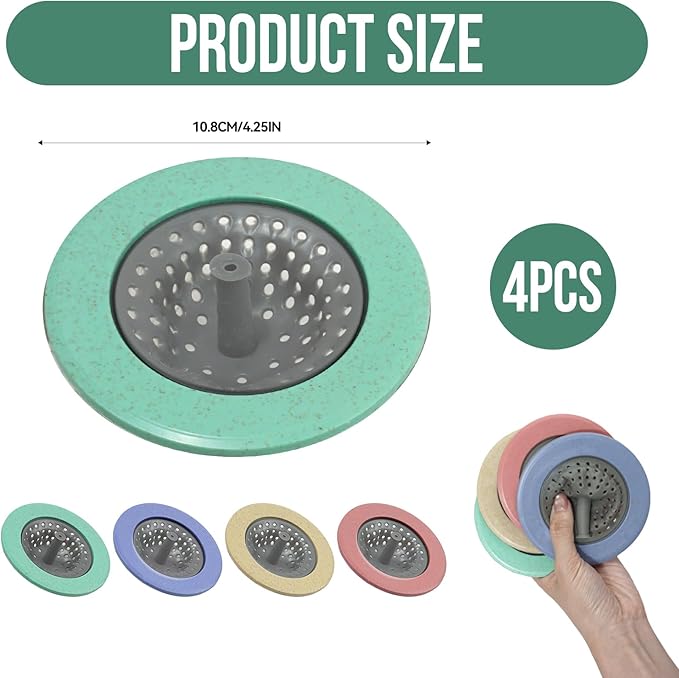 4-Pack Kitchen Sink Strainer,4.25''Diameter Soft Silicone Drain Filter for Sink, Bathroom,Tub - Anti-Clog,Dishwasher Safe,Easy to Clean Hair Catche