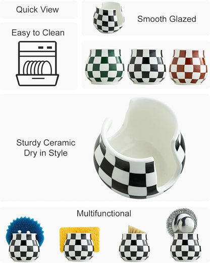 Zoeeker Checkered Sponge Holder for Kitchen Sink, Ceramic Dish Sponge Dish Rack Scrubby Holder Kitchen Organizer Cute Sink Caddy Organizer, Farmhouse Decor, Black and White