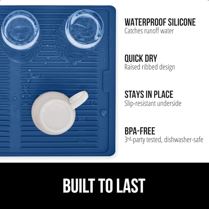 GORILLA GRIP 100% BPA-Free Patented Silicone Dish Drying Mat for Kitchen Counter, Water Catching Ribbed Design, Easy Clean Waterproof Sink Liner, Heat Resistant, Fits Under Rack, 11x13 Inch, Blue