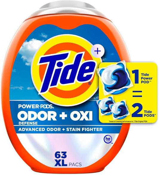 Tide Odor Defense + Oxi Laundry Detergent Pacs, Original Scent, 63 Count, Advanced Odor + Stain Fighter