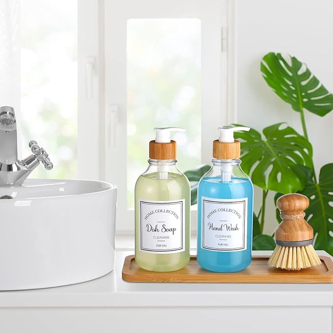 Zopeal 4 Pcs 16 oz Kitchen Soap Dispenser Set with Bamboo Tray and Dish Brush Plastic Soap Dispenser Set with Waterproof Labels for Hand Dish Lotion(Transparent)
