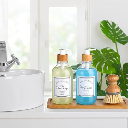 Zopeal 4 Pcs 16 oz Kitchen Soap Dispenser Set with Bamboo Tray and Dish Brush Plastic Soap Dispenser Set with Waterproof Labels for Hand Dish Lotion(Transparent)