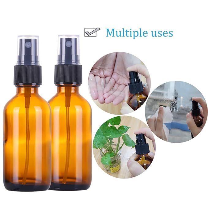 LUFEVRM 2oz Glass Spray Bottles,Empty Small Perfume Travel Refillable Reusable Fine Mister Spray Bottle for Hair,Cleaning Solutions,Aromatherapy and Essential Oil with Extra Nozzle (3 pack, Amber)