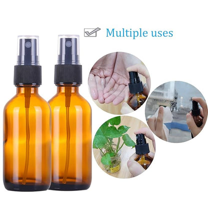 LUFEVRM 2oz Glass Spray Bottles,Empty Small Perfume Travel Refillable Reusable Fine Mister Spray Bottle for Hair,Cleaning Solutions,Aromatherapy and Essential Oil with Extra Nozzle (3 pack, Amber)