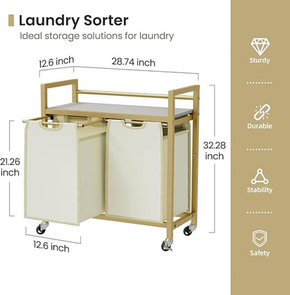 Laundry Hamper, Laundry Basket, Laundry Sorter with 3 Removable Bags, Clothes Basket with 3 Compartments, Wheels, Shelf for Laundry Room Bathroom Bedroom (2 Bags-Golden)